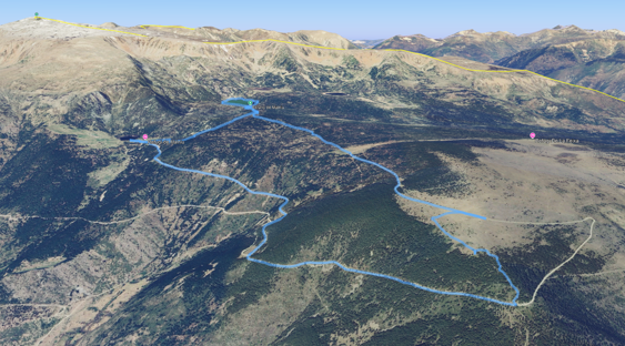 Wizualizacja - w lewym górnym rogu Puigpedrós (2912 m), niżej widoczna &ldquo;ścieżka&rdquo; którą przyjechaliśmy