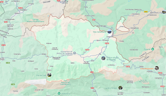 Cerdanya - głównie hiszpańska część, z widoczną eksklawą LLivia, a na północnym-zachodzie Andora